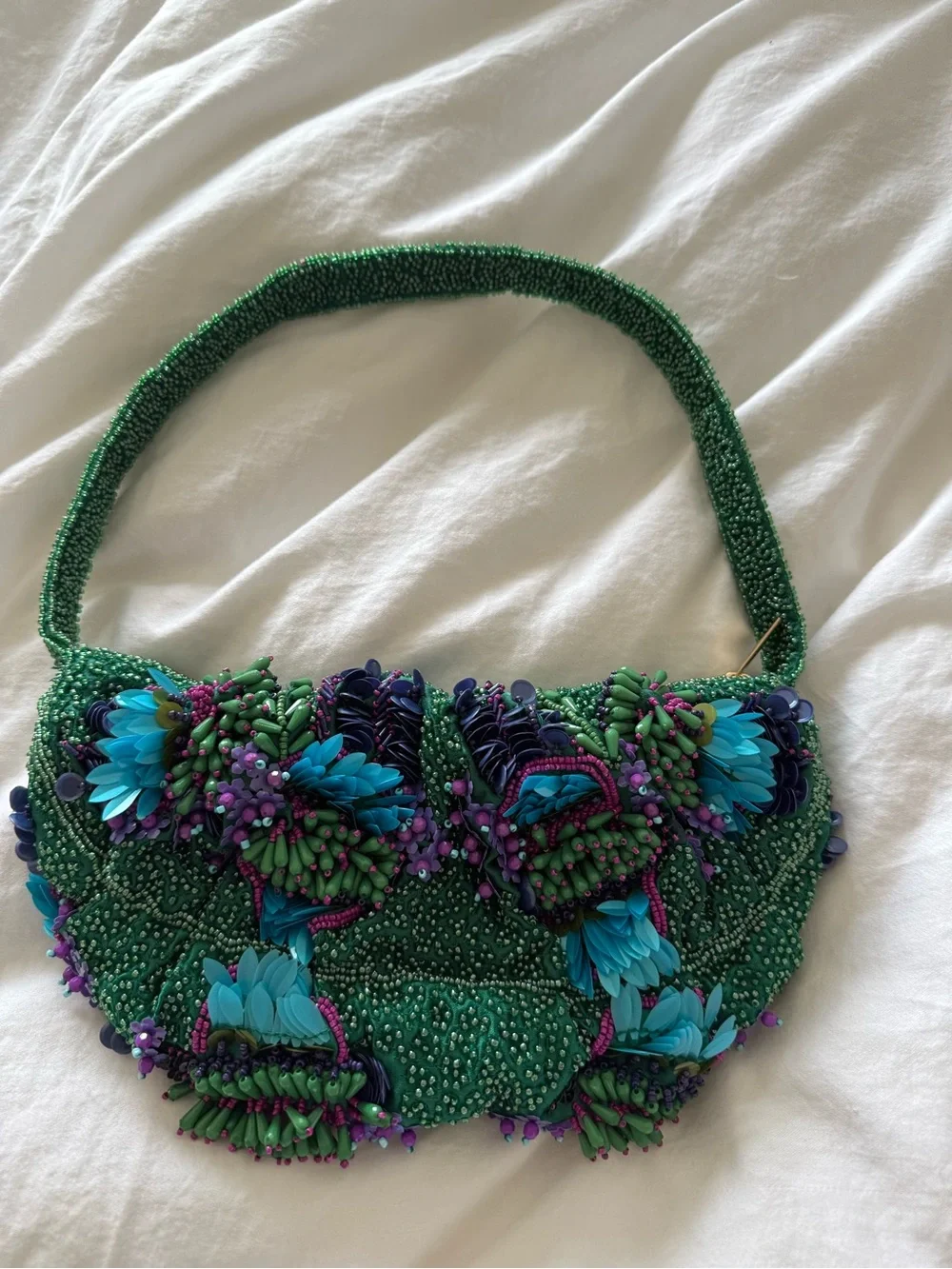 Zara Green Beaded Clutch with Blue and Purple Embellishments
